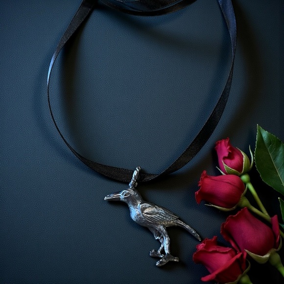 Kathleen Valentine Jewelry - Raven Pendant Satin Ribbon Choker Necklace Enchanting Whimsical Gothic